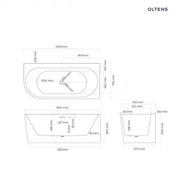 Oltens Hulda wanna wolnostojąca 160x75cm narożna prawa - 11002000 + RABAT 6% Z KODEM OLT6