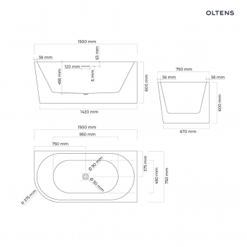 Oltens Delva wanna wolnostojąca narożna prawa 150x75cm - 11006000 + RABAT 6% Z KODEM OLT6